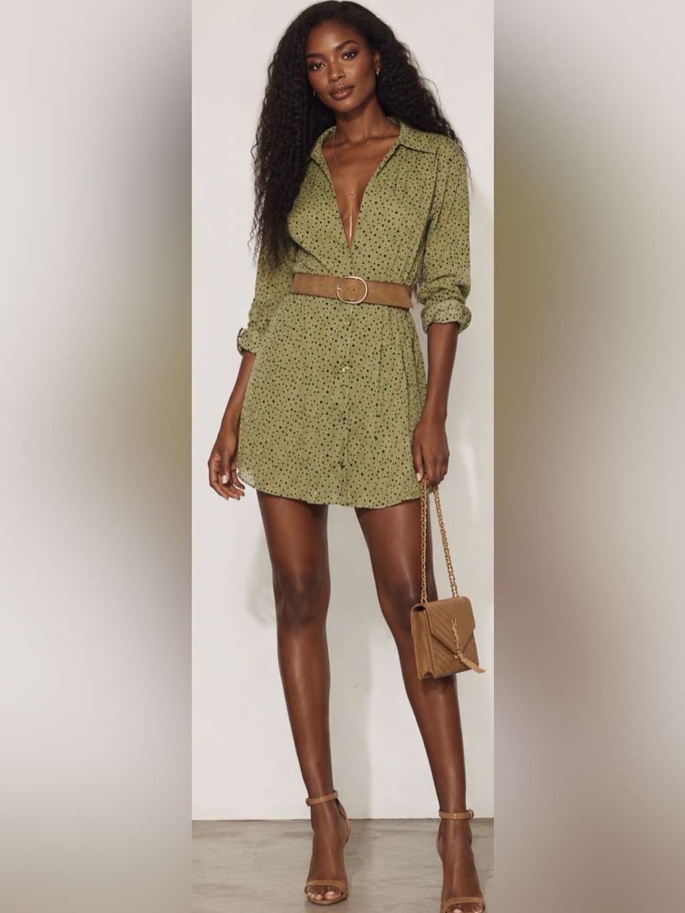 Zara Olive Green Black dot Printed Mini Dress with Tan Belt NWOT